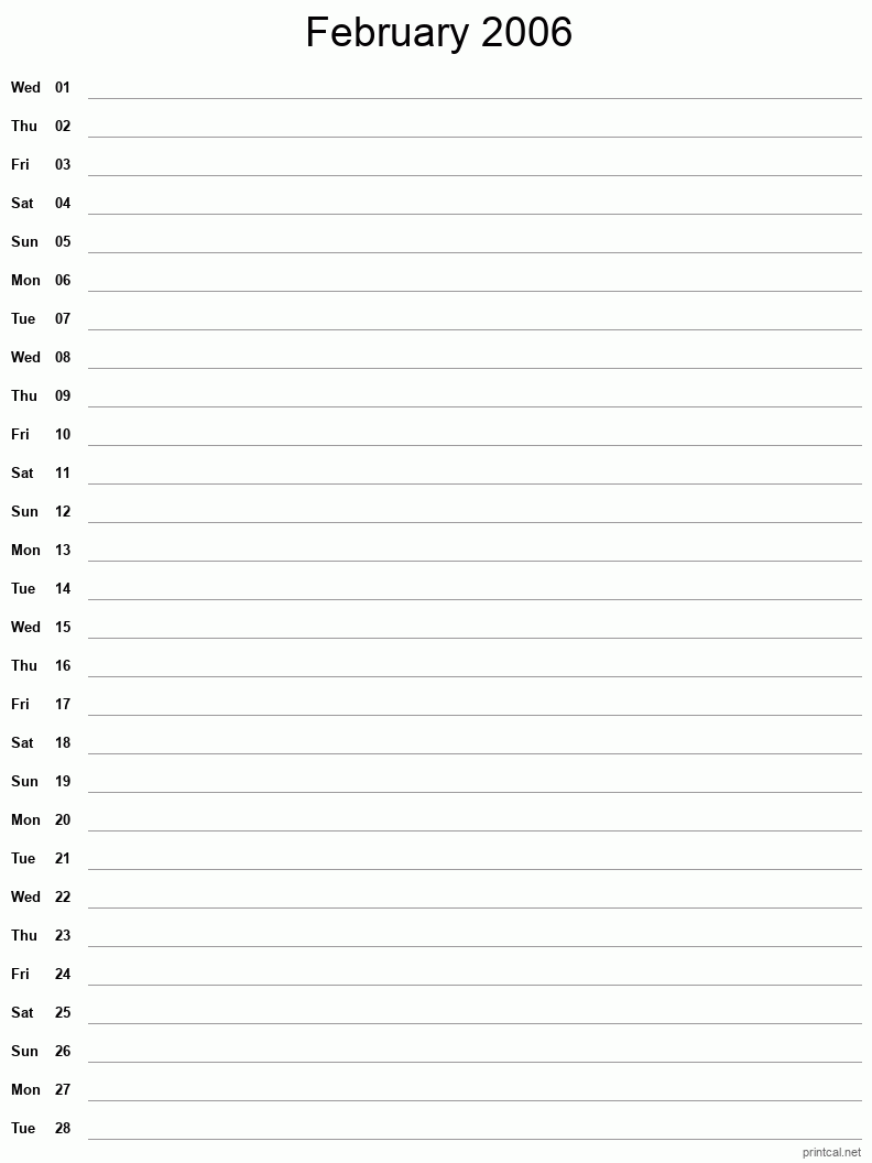 February 2006 Printable Calendar - Single Column Notesheet