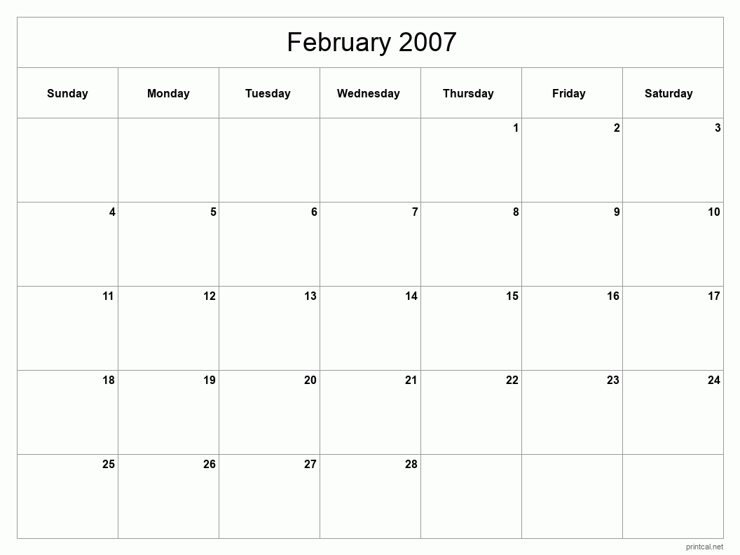 February 2007 Printable Calendar - Classic Blank Sheet