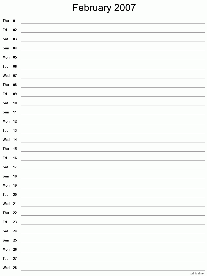 February 2007 Printable Calendar - Single Column Notesheet