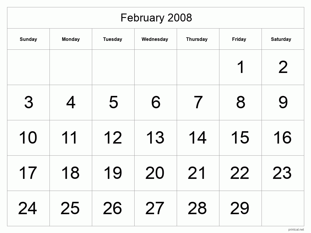 February 2008 Printable Calendar - Big Dates