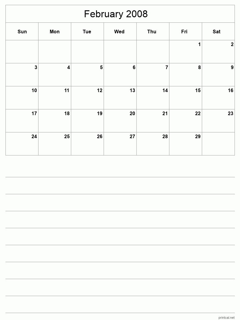 February 2008 Printable Calendar - Half-Page With Notesheet