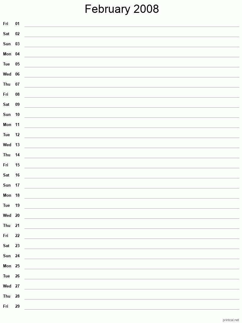 February 2008 Printable Calendar - Single Column Notesheet