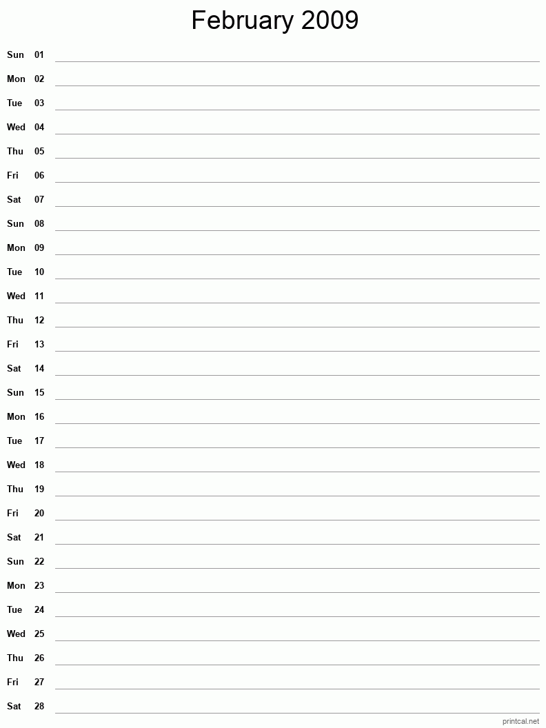 February 2009 Printable Calendar - Single Column Notesheet