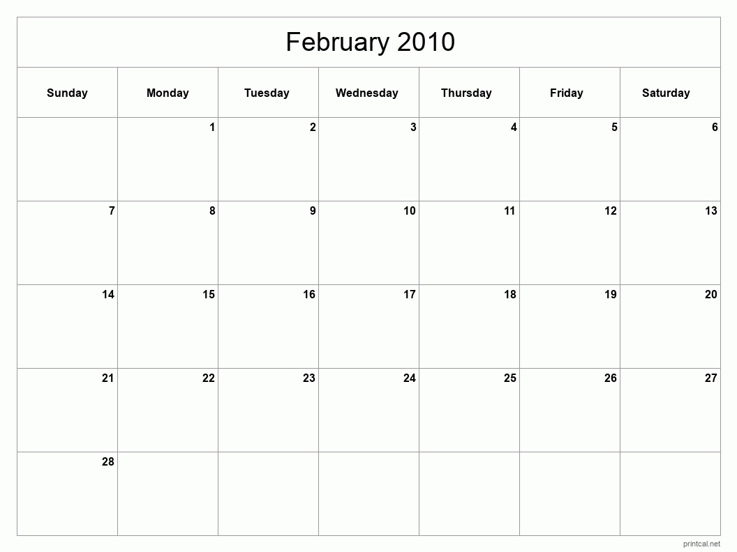 February 2010 Printable Calendar - Classic Blank Sheet