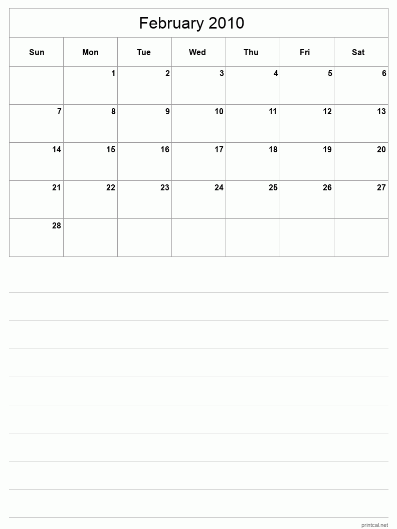 February 2010 Printable Calendar - Half-Page With Notesheet