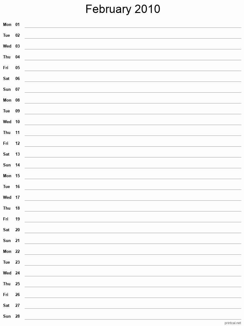 February 2010 Printable Calendar - Single Column Notesheet