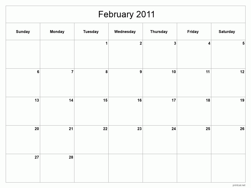 February 2011 Printable Calendar - Classic Blank Sheet