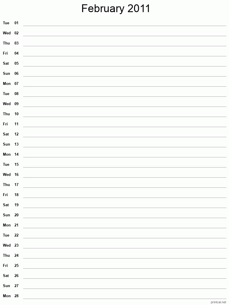 February 2011 Printable Calendar - Single Column Notesheet