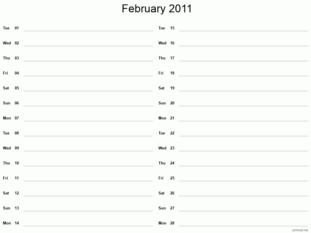 February 2011 Printable Calendar - Two Column Notesheet