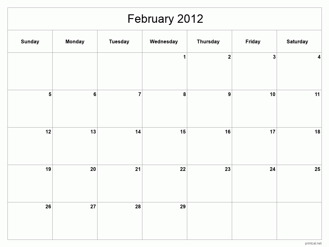 February 2012 Printable Calendar - Classic Blank Sheet