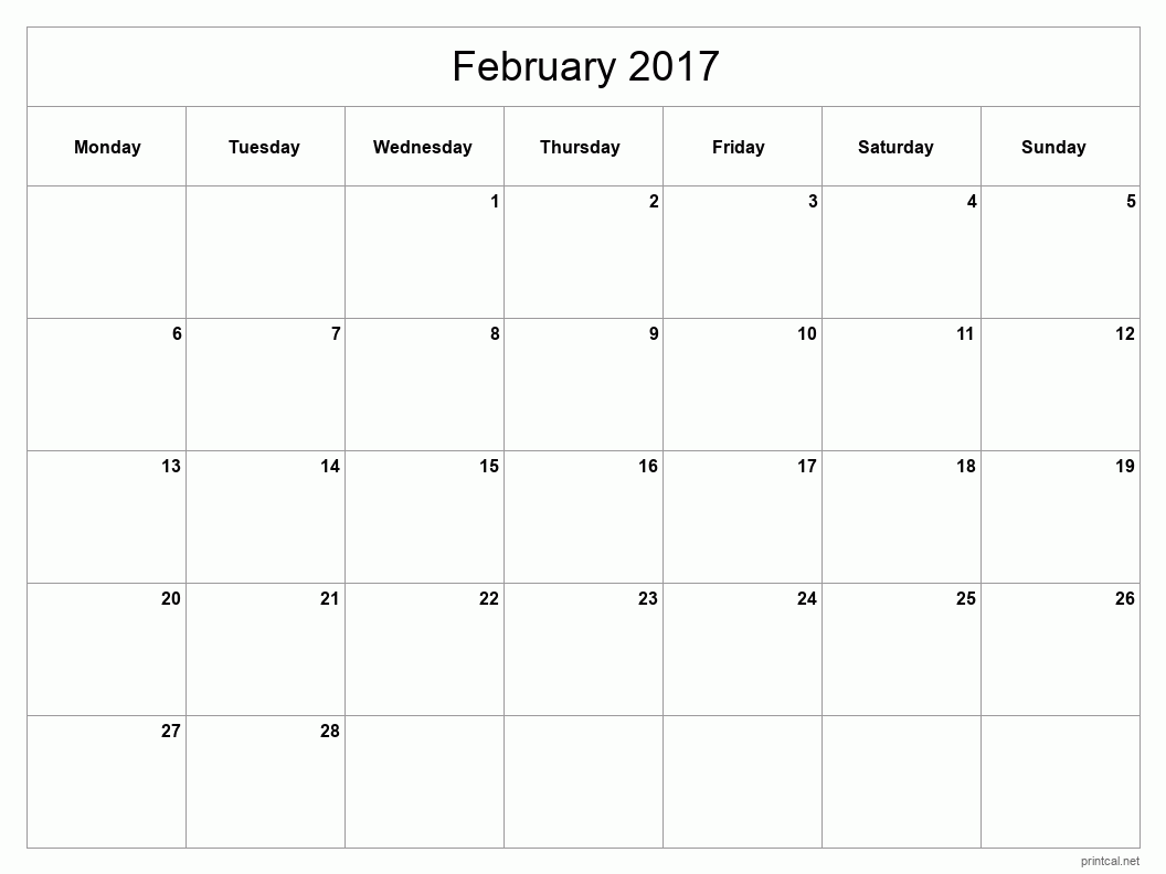 February 2017 Printable Calendar - Classic Blank Sheet
