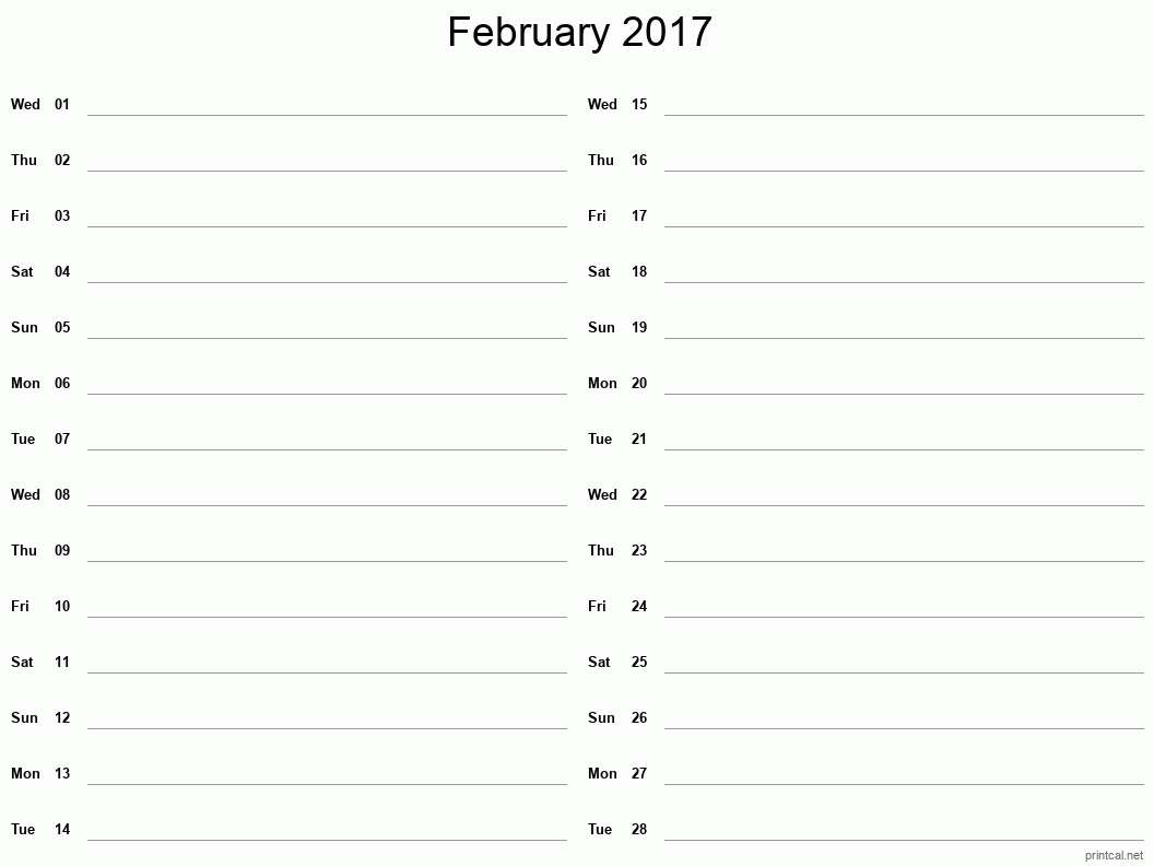 February 2017 Printable Calendar - Two Column Notesheet