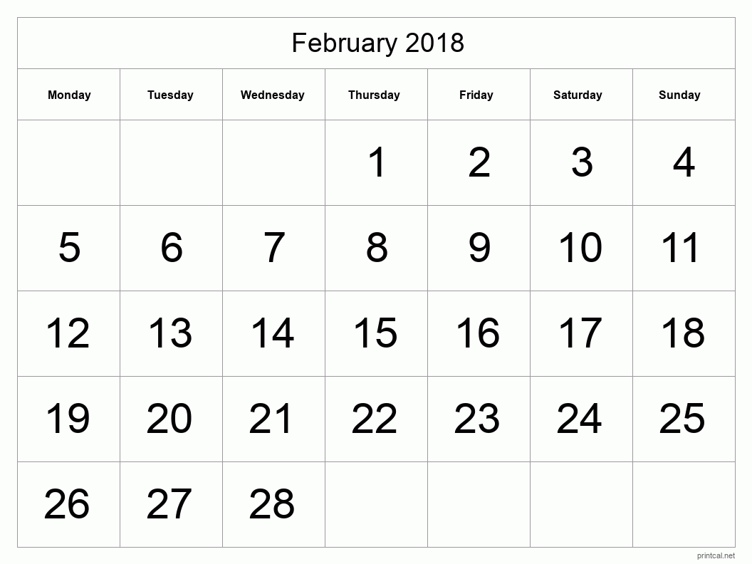 February 2018 Printable Calendar - Big Dates