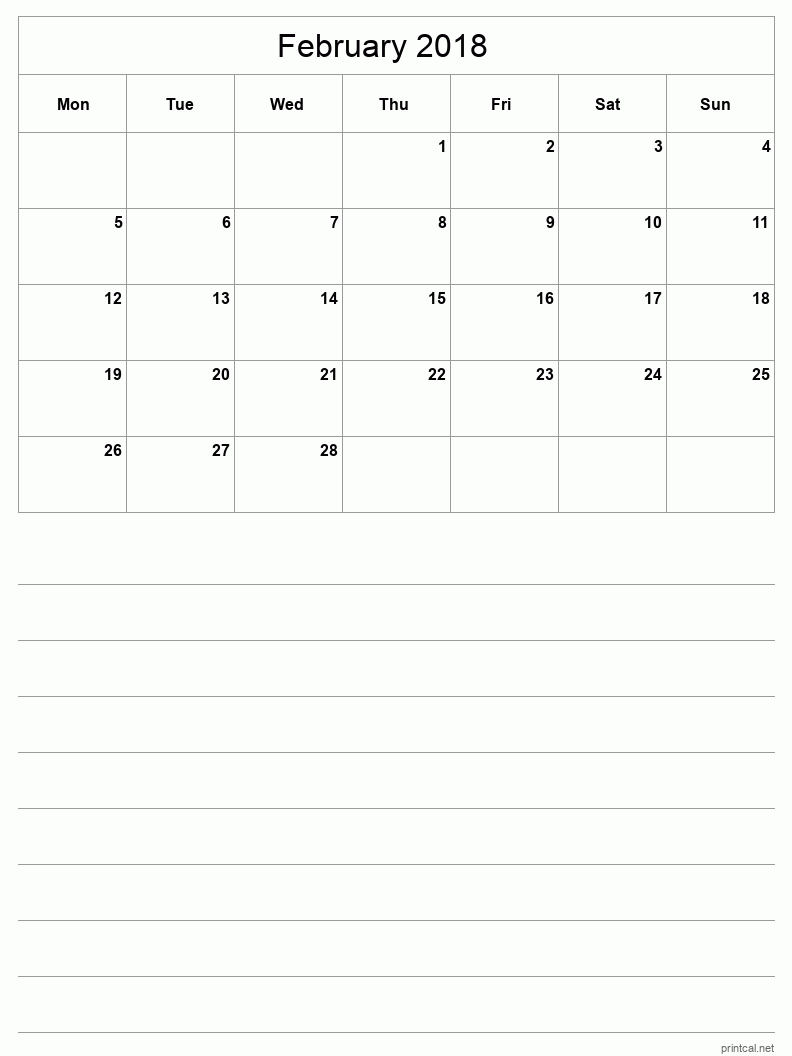 February 2018 Printable Calendar - Half-Page With Notesheet
