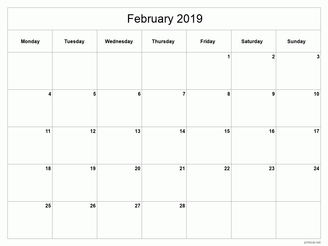 February 2019 Printable Calendar - Classic Blank Sheet