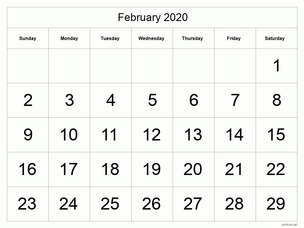 February 2020 Printable Calendar - Big Dates