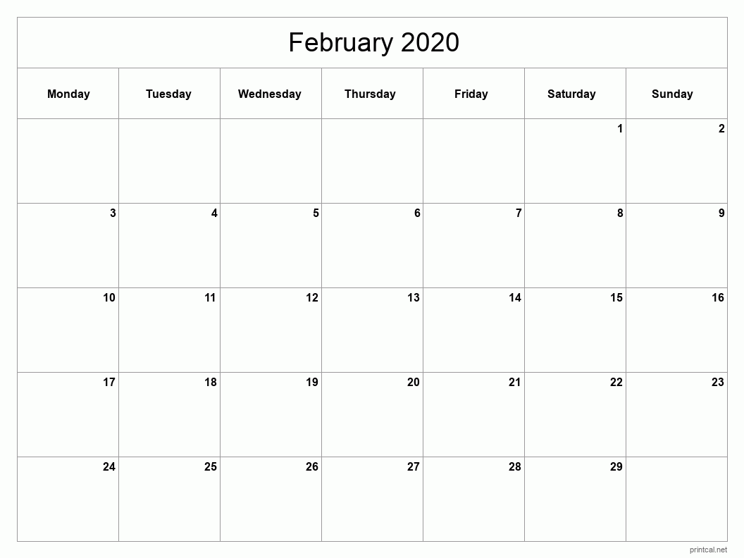 February 2020 Printable Calendar - Classic Blank Sheet
