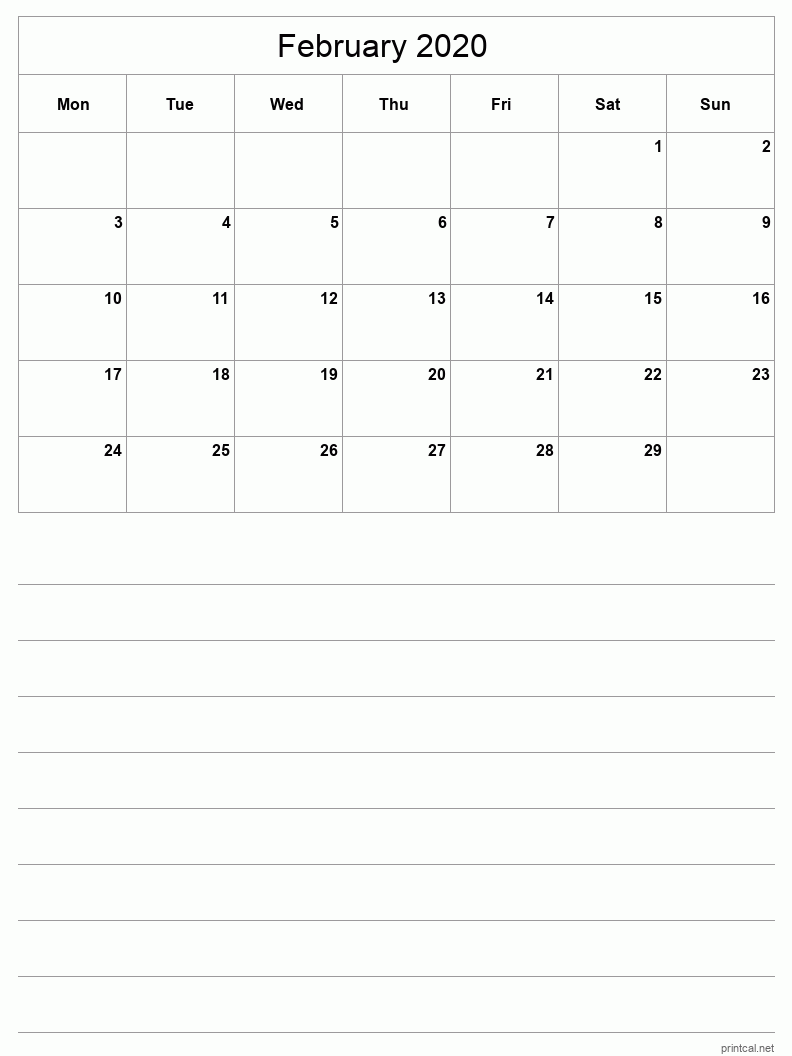 February 2020 Printable Calendar - Half-Page With Notesheet