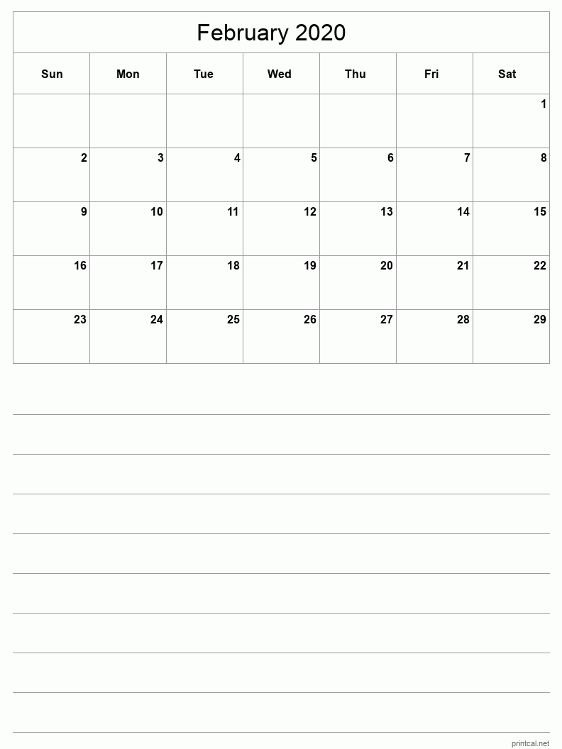 February 2020 Printable Calendar - Half-Page With Notesheet