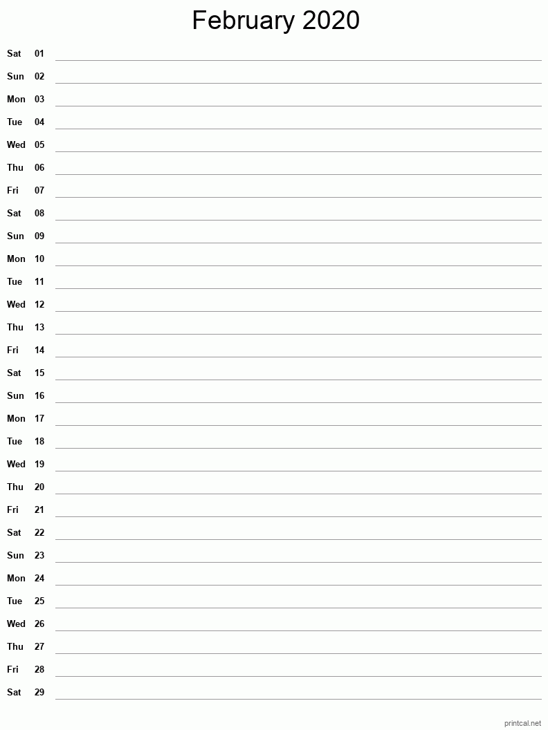 February 2020 Printable Calendar - Single Column Notesheet