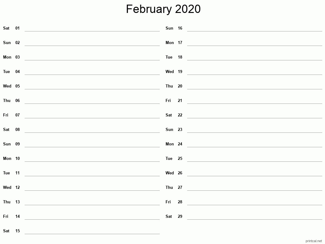 February 2020 Printable Calendar - Two Column Notesheet