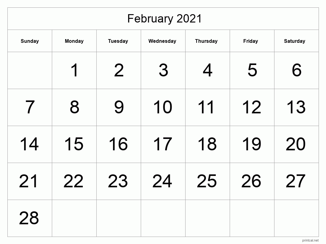 February 2021 Printable Calendar - Big Dates