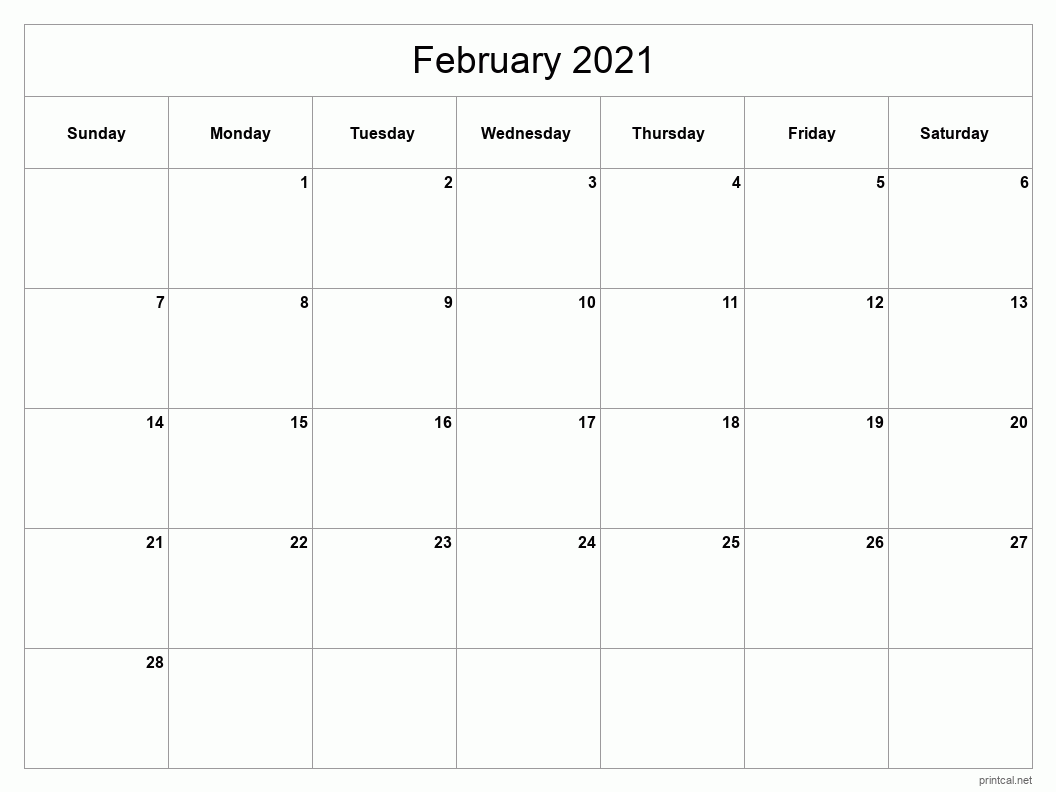 Printable February 2021 Calendar Classic Blank Sheet