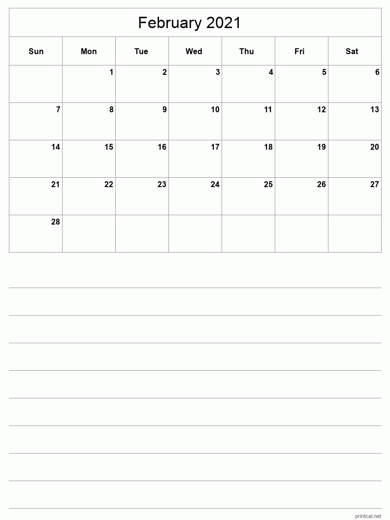 February 2021 Printable Calendar - Half-Page With Notesheet