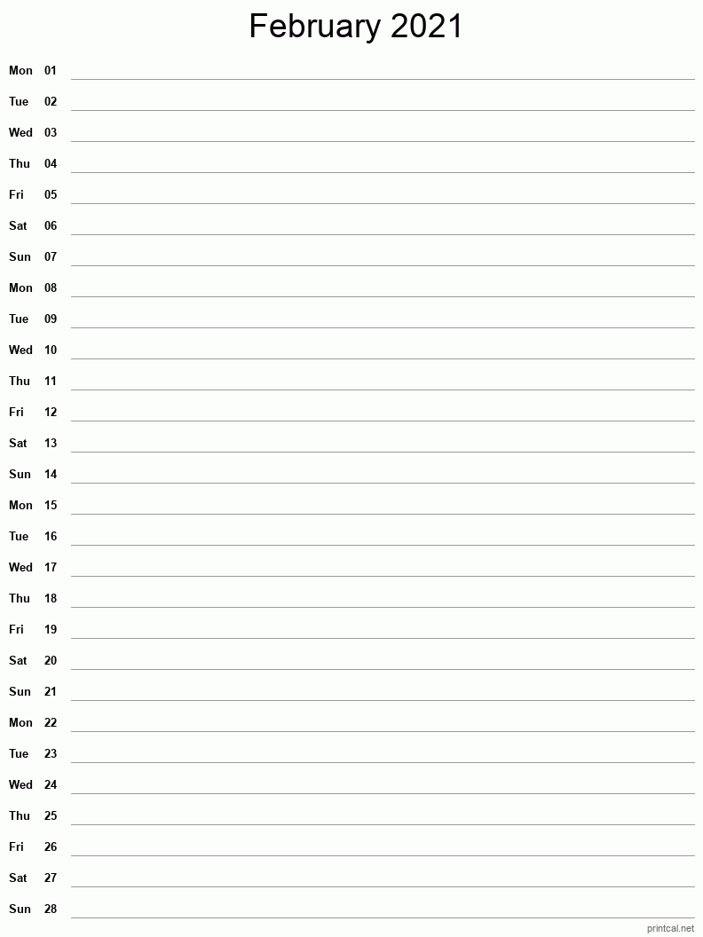 February 2021 Printable Calendar - Single Column Notesheet