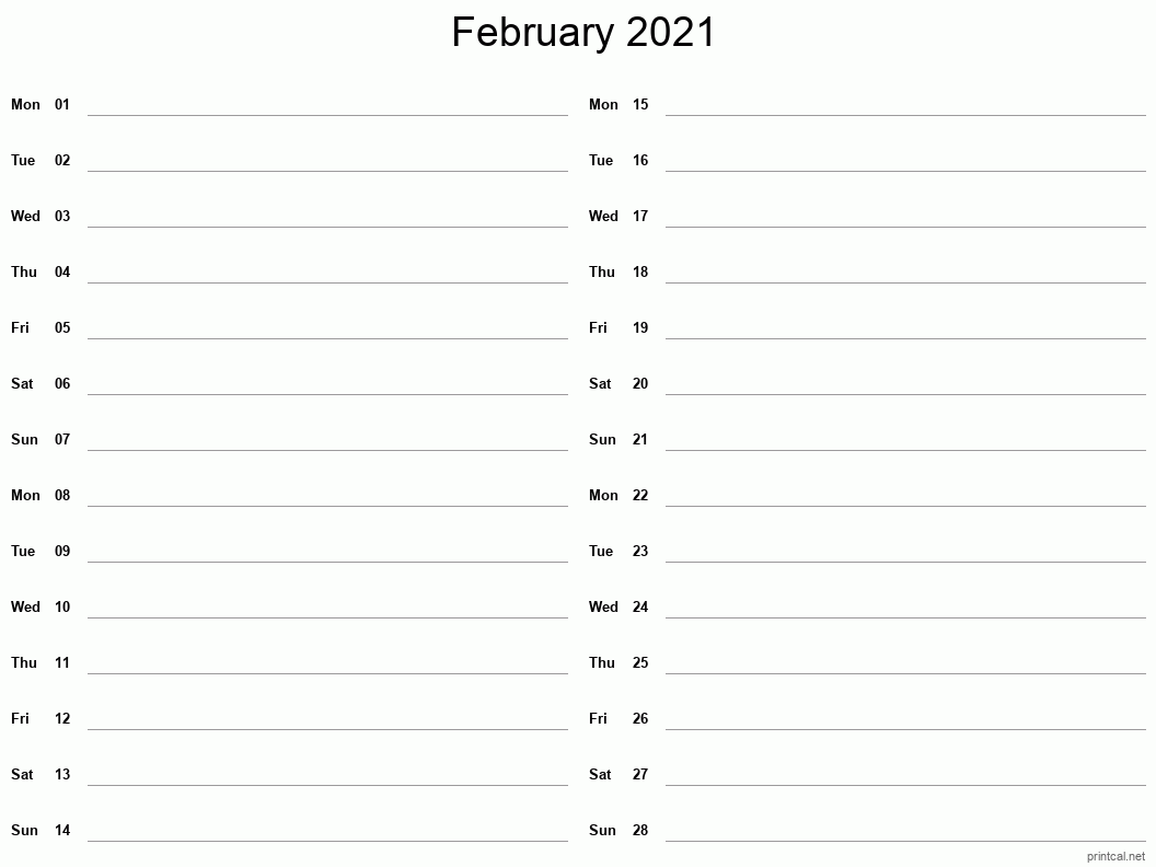February 2021 Printable Calendar - Two Column Notesheet
