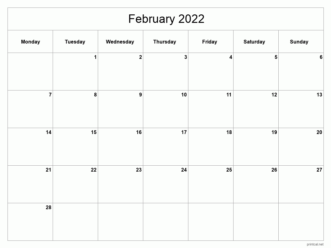 February 2022 Printable Calendar - Classic Blank Sheet