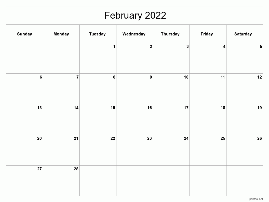 February 2022 Printable Calendar - Classic Blank Sheet