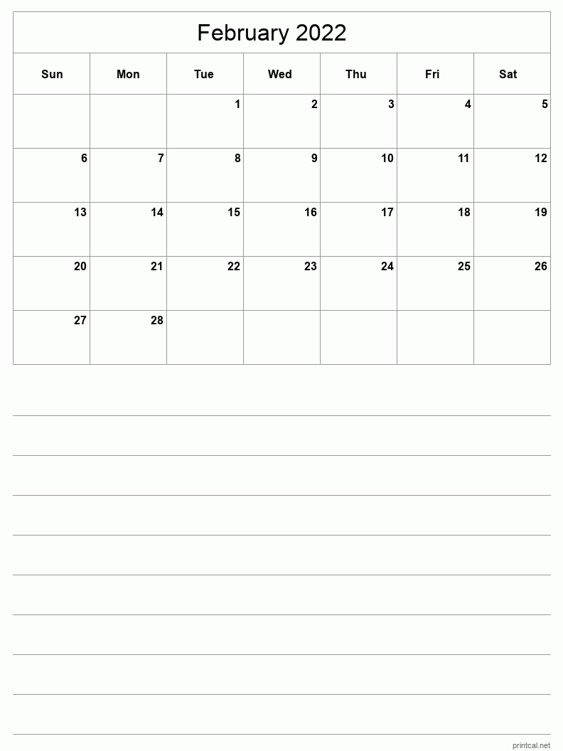 February 2022 Printable Calendar - Half-Page With Notesheet