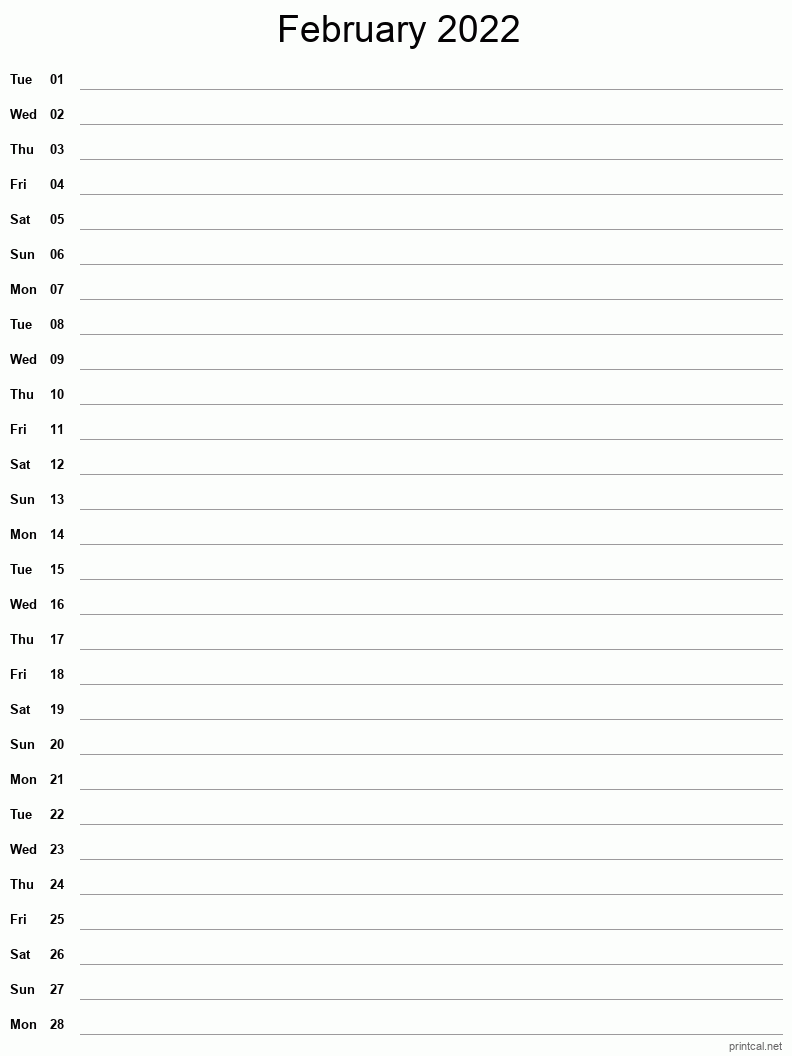 February 2022 Printable Calendar - Single Column Notesheet