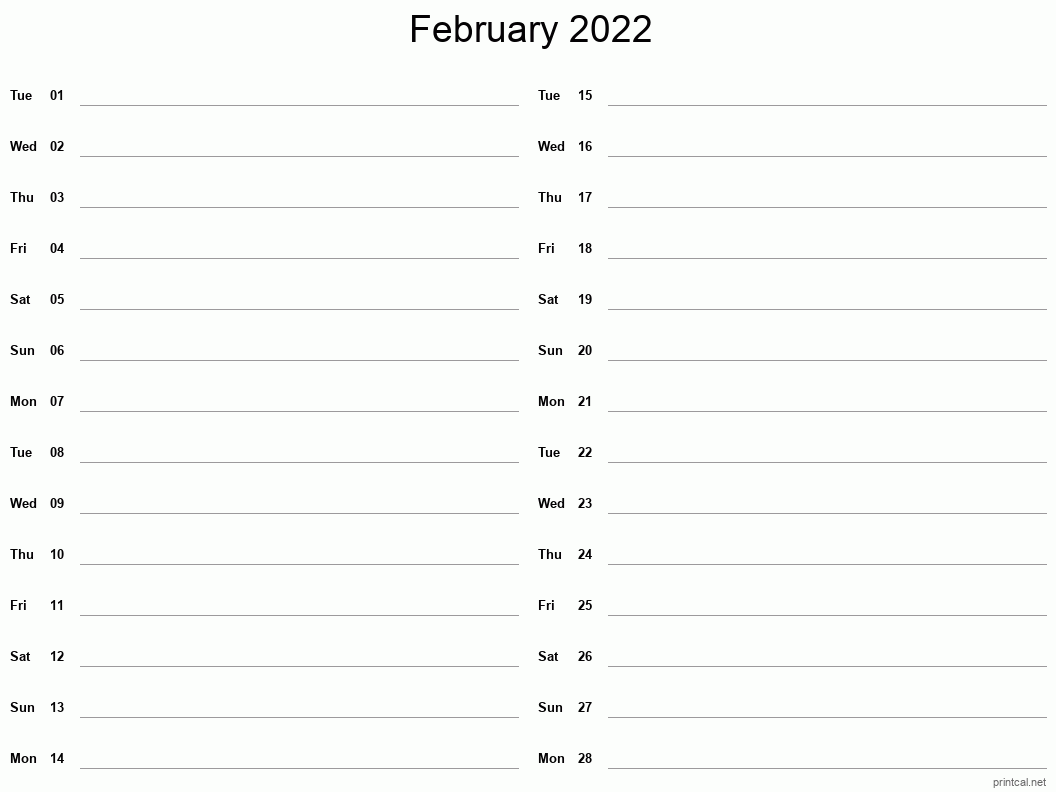 February 2022 Printable Calendar - Two Column Notesheet