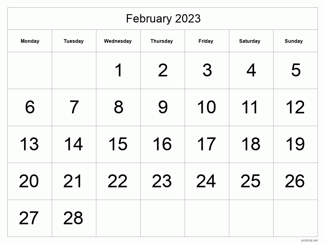 February 2023 Printable Calendar - Big Dates