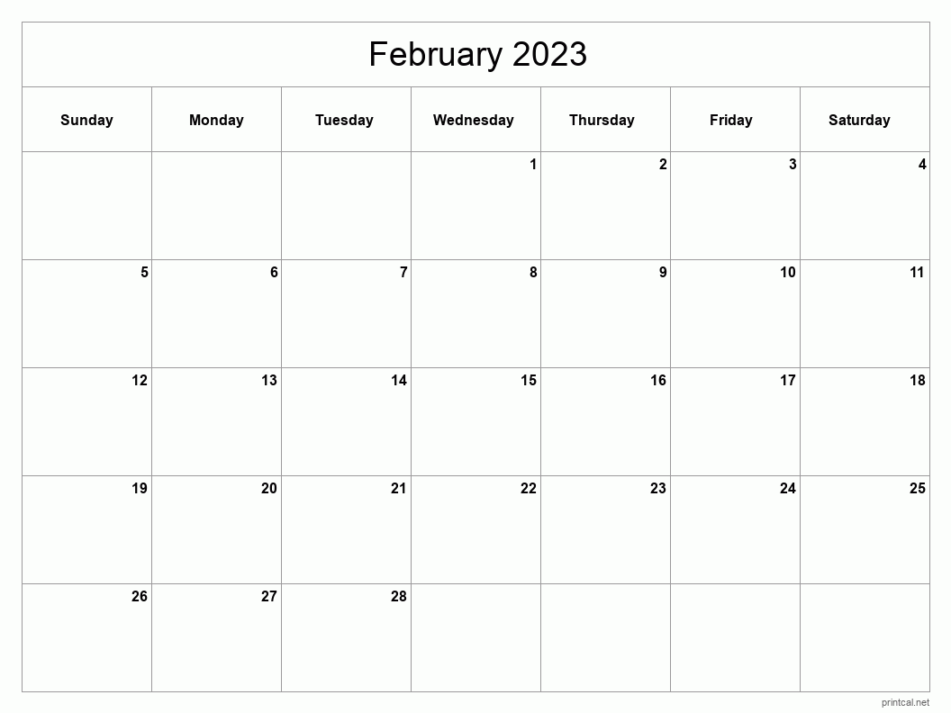 Printable February 2023 Calendar Classic Blank Sheet