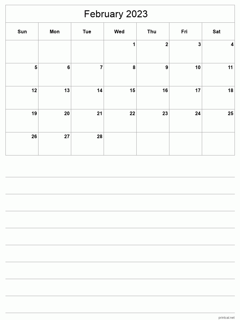 February 2023 Printable Calendar - Half-Page With Notesheet