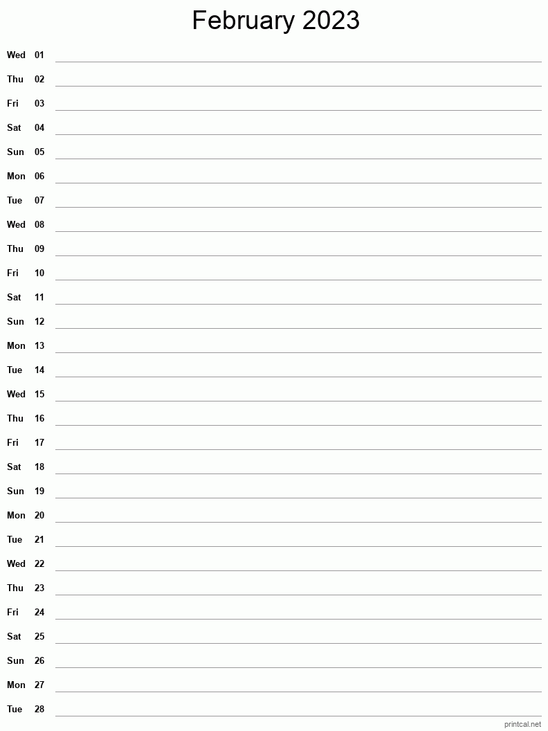 February 2023 Printable Calendar - Single Column Notesheet
