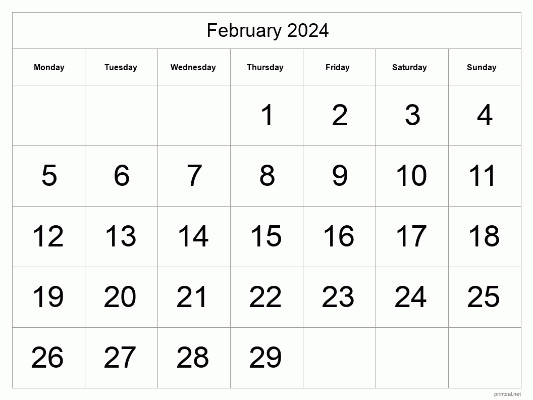 February 2024 Printable Calendar - Big Dates
