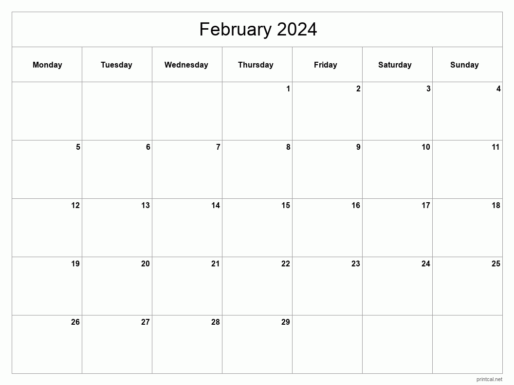 February 2024 Printable Calendar - Classic Blank Sheet