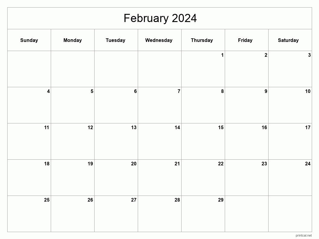 Printable February 2024 Calendar Classic Blank Sheet