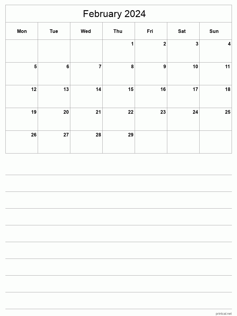 February 2024 Printable Calendar - Half-Page With Notesheet