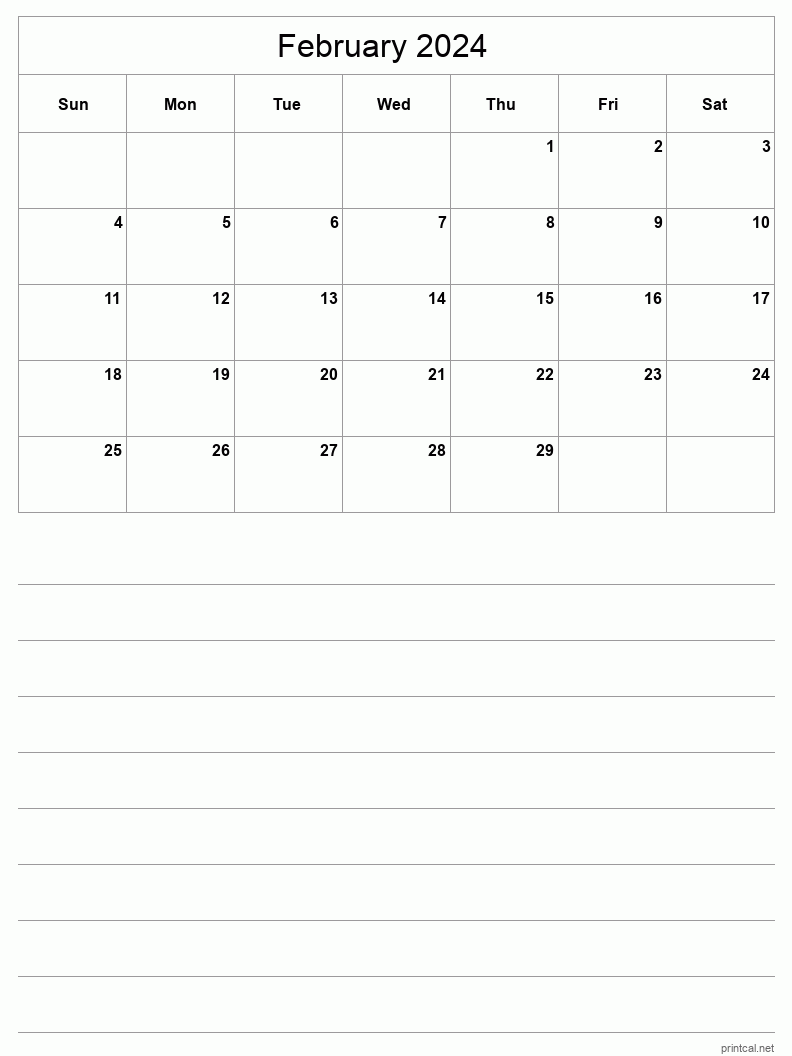 February 2024 Printable Calendar - Half-Page With Notesheet