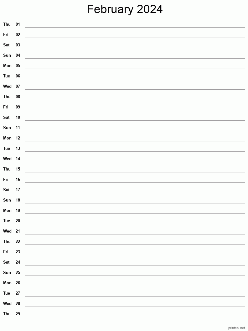 February 2024 Printable Calendar - Single Column Notesheet