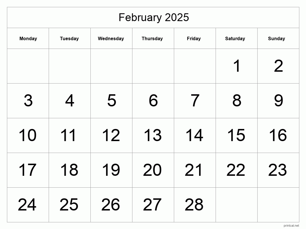 February 2025 Printable Calendar - Big Dates