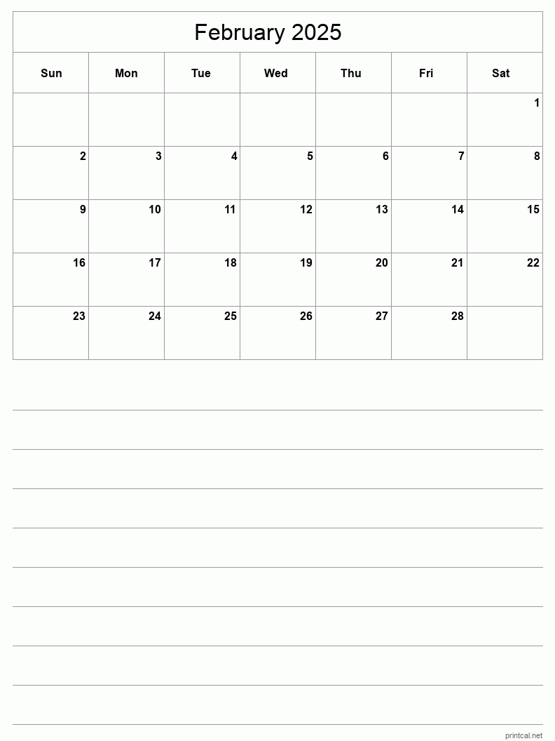 February 2025 Printable Calendar - Half-Page With Notesheet
