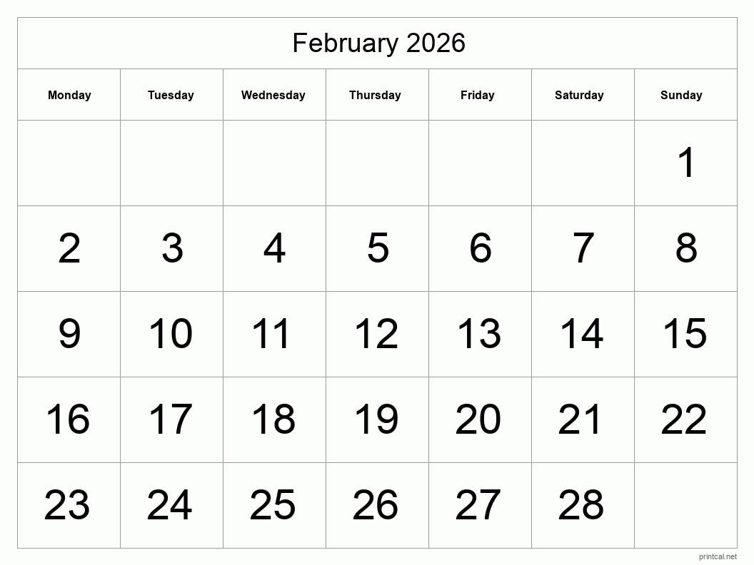 February 2026 Printable Calendar - Big Dates
