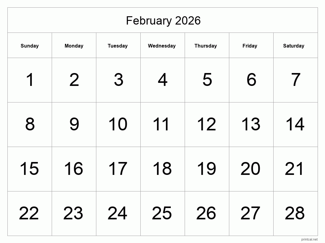 February 2026 Printable Calendar - Big Dates