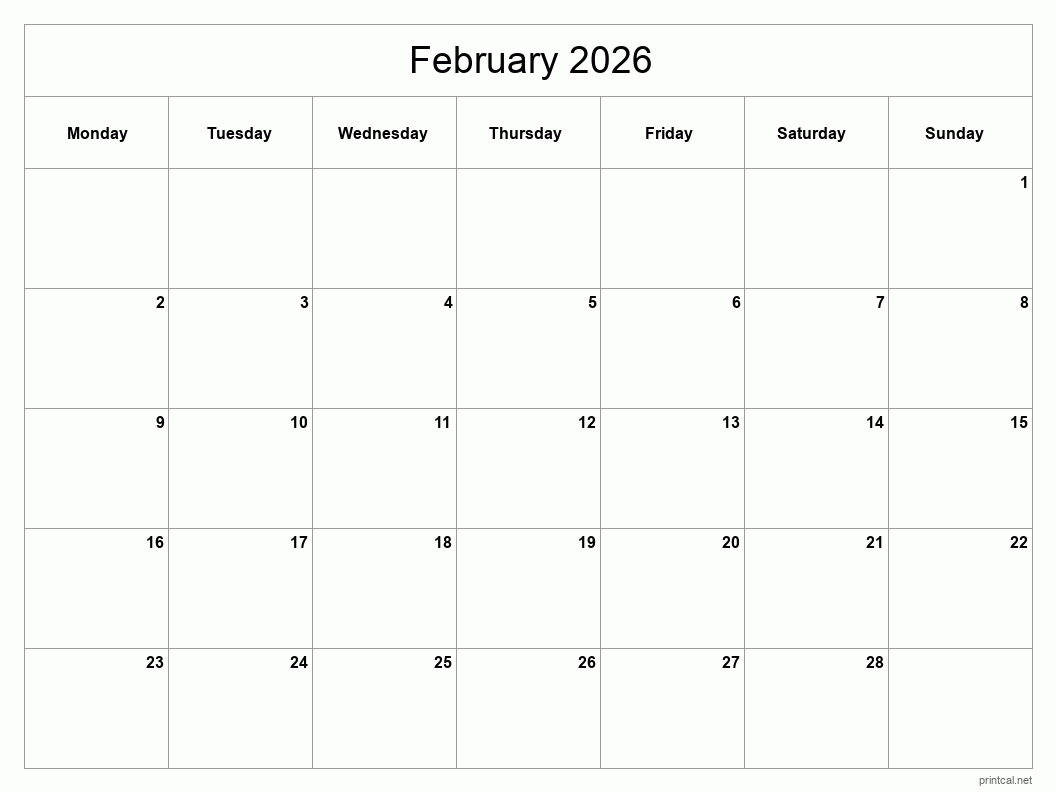 February 2026 Printable Calendar - Classic Blank Sheet
